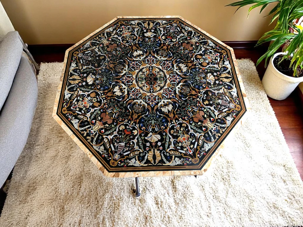 Vintage Marble Console Table Semi-Precious Inlay Stone